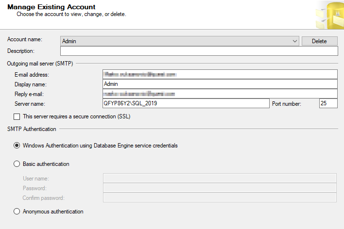 Manage Existing Account wizard in the SQL Server Management Studio