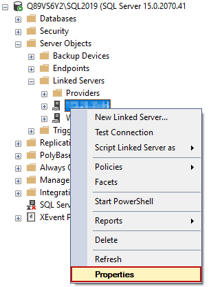 The properties option for the linked server