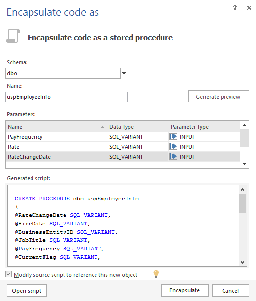 Encapsulate code as a stored procedure dialog