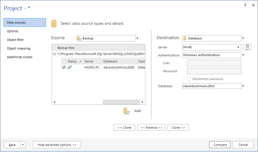 ApexSQL Diff - Project management dialog