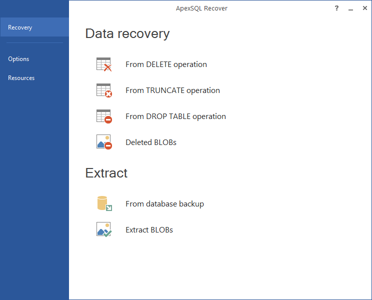 Recovery options in ApexSQL Recover