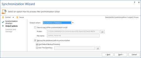 Choosing output action in Synchronization wizard