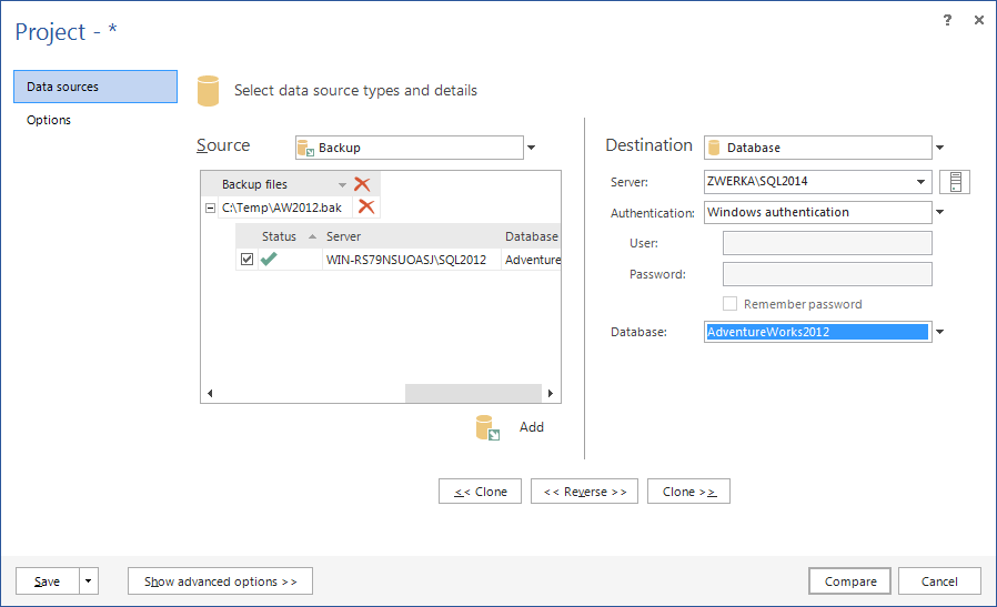 Choosing online database as a destination in ApexSQL Data Diff