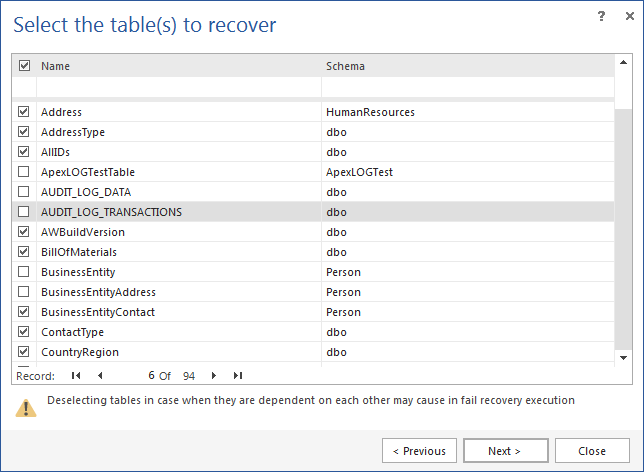 Select the tables to recover