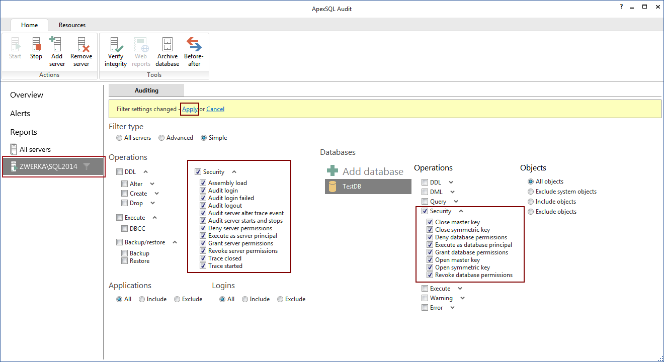 ApexSQL Audit menu - Start auditing
