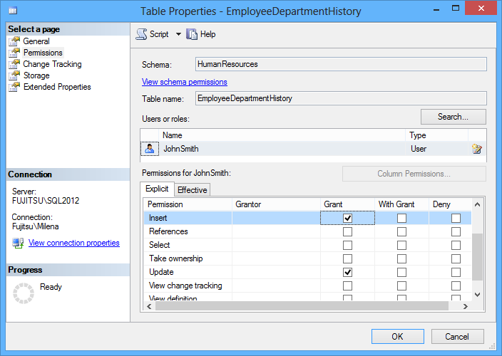 Check the Grant checkboxes in the Table properties dialog
