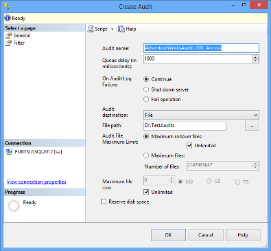SQL Server audit object - Create Audit dialog