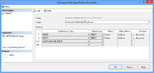 SQL Server audit object -Database Audit Specification properties
