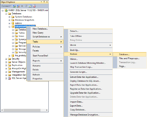 Selecting restore option for a specific database in SSMS