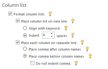 Setting the formatting rules for the Column lists option