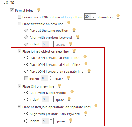 Joins options in ApexSQL Refactor used to achieve formatting style following AW 2012 SQL database