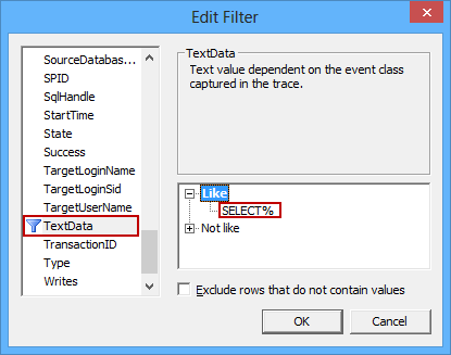 Entering “SELECT%” as the value for the Like filter in TextData filter
