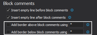 Dialog showing options - Add border above block comments using customized sign and Add border below block comments using customized sign