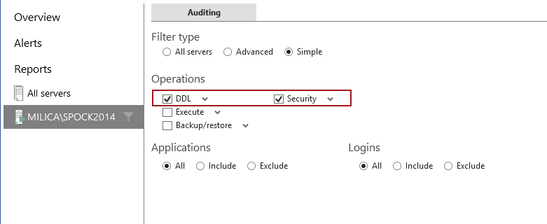 Selecting the SQL Server instance and Server auditing settings in ApexSQL Audit