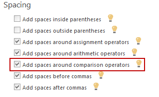 Dialog showing the Add spaces around comparison operators option