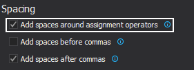 Dialog showing the Add spaces around assignment operators option