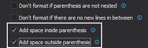 Dialog showing options for adding spaces inside and outside parentheses