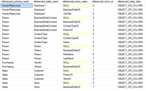 Table containing the results gained by querying the sys.dm_sql_referenced_entities view