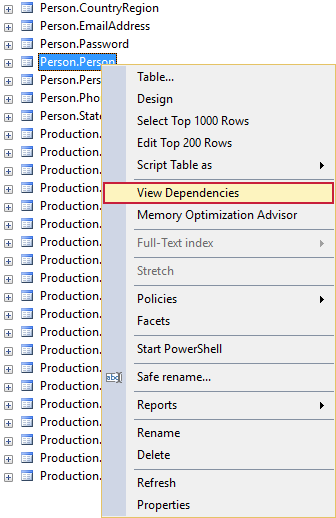 Selecting the View Dependencies command in SSMS