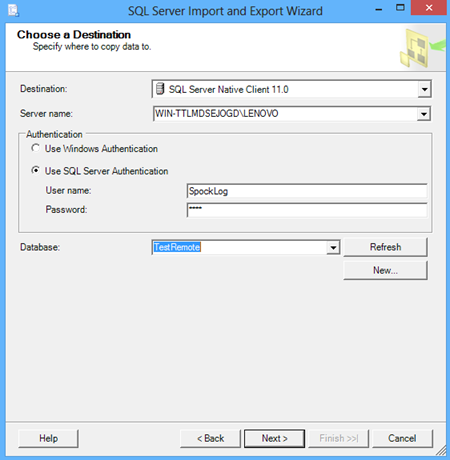 SQL Server Import and Export Wizard - Choose a Destination window