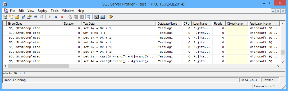 The events shown in the SQL Server Profiler window