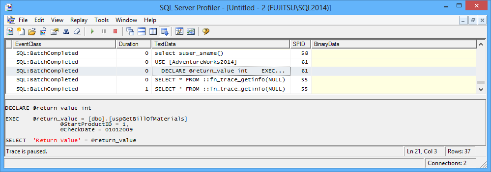 The trace will show only the EXEC statement with the stored procedure name and parameters used