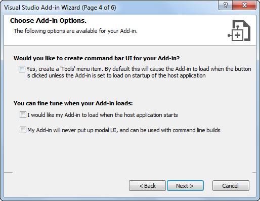 Visual Studio Add-in Wizard - Choosing Add-in options