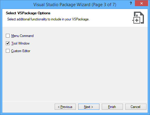 Check the Tool Window option in VSPackage wizard