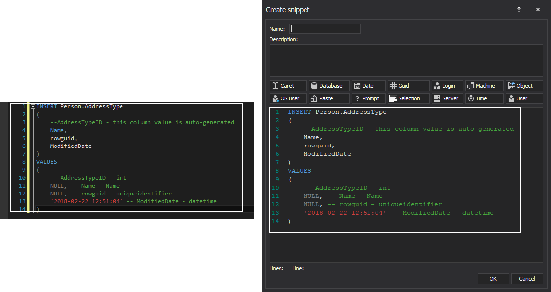 Copy code from a query editor to the Create snippet window