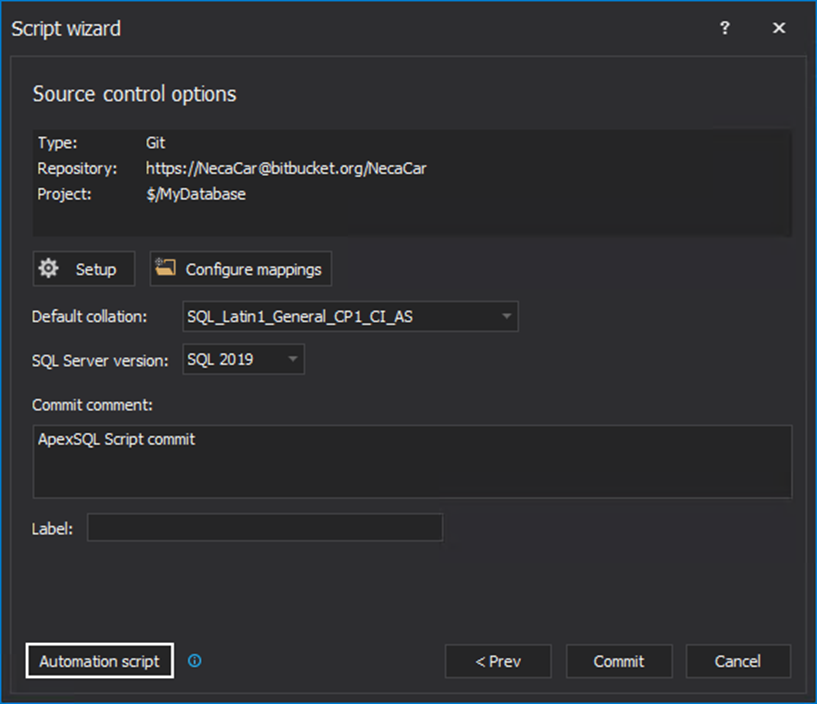 Source control options information in the Script wizard 