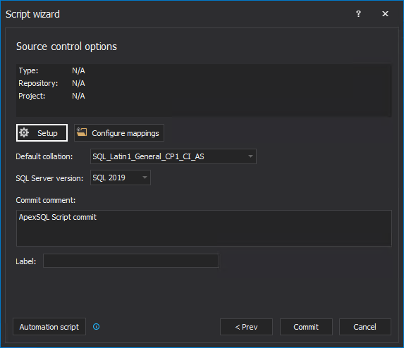 Source control options settings in the Script wizard 
