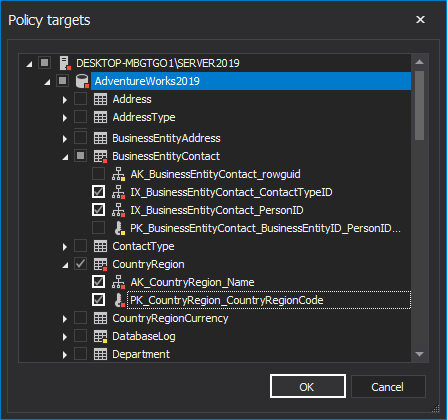 ApexSQL Defrag - Policy targets window 