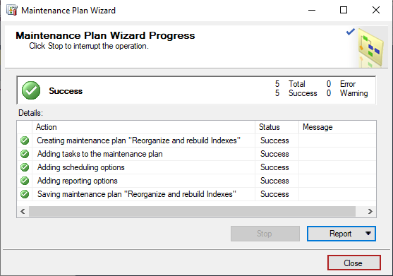 Fragmentation in SQL Server - Maintenance Plan Wizard Progress
