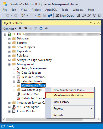 Maintenance Plan Wizard in Microsoft SQL Server Management Studio 