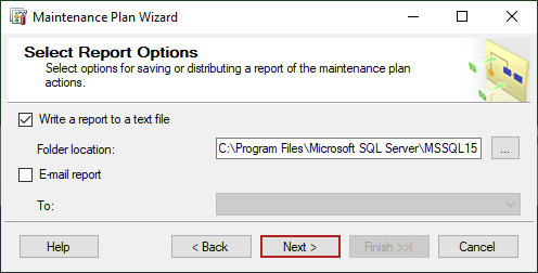 Maintenance Plan Wizard - Options for saving a report of the maintenance plan action