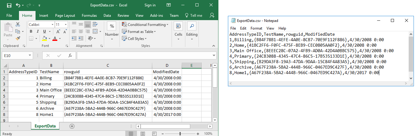 Exported data in Excel and Notepad 