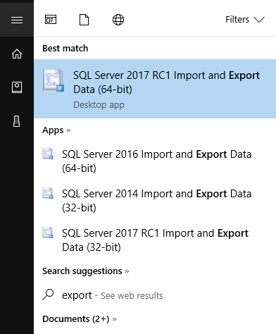 SQL Server Import and Export Wizard via start menu