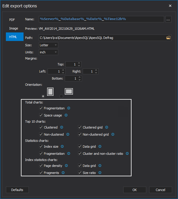 Edit export options window