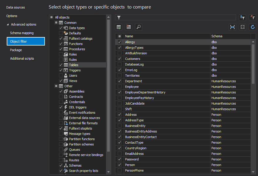 Filter database object types and specific objects