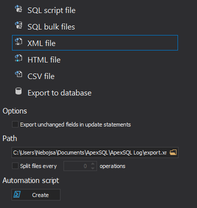 ApexSQL Log exporting options