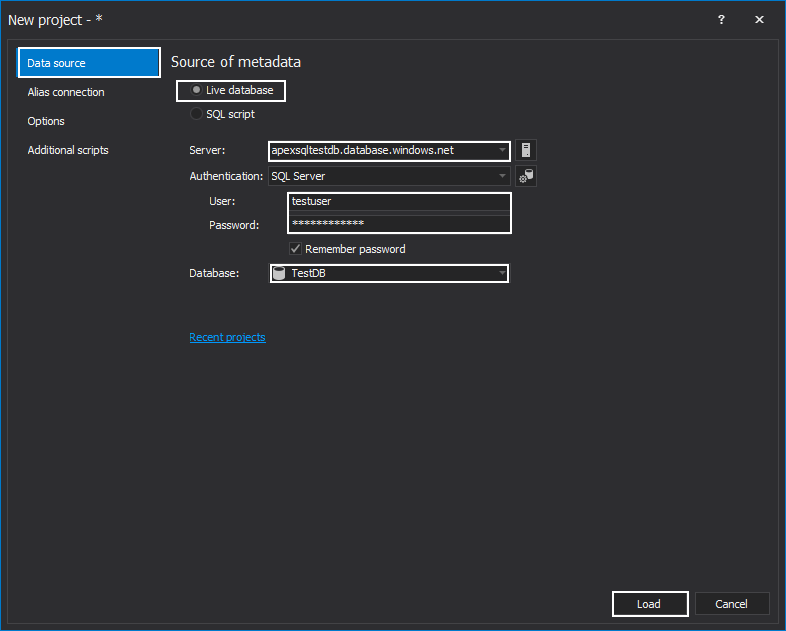 ApexSQL Generate data source window