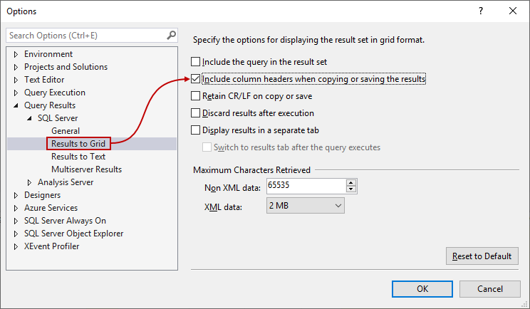 Option for displaying SSMS save results with headers 