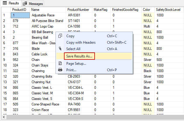 SQL Server Management Studio SSMS how to save results with headers