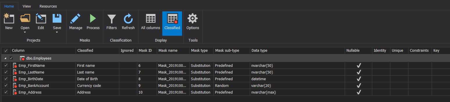ApexSQL Mask - Automatic classification