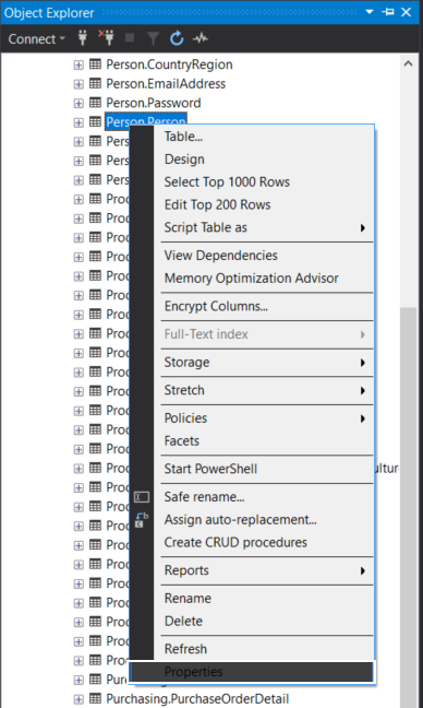 Object Explorer context menu