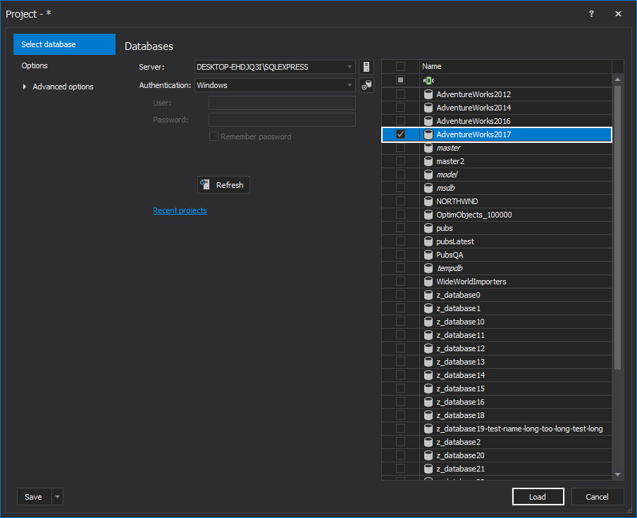 SQL database selection in the New project window