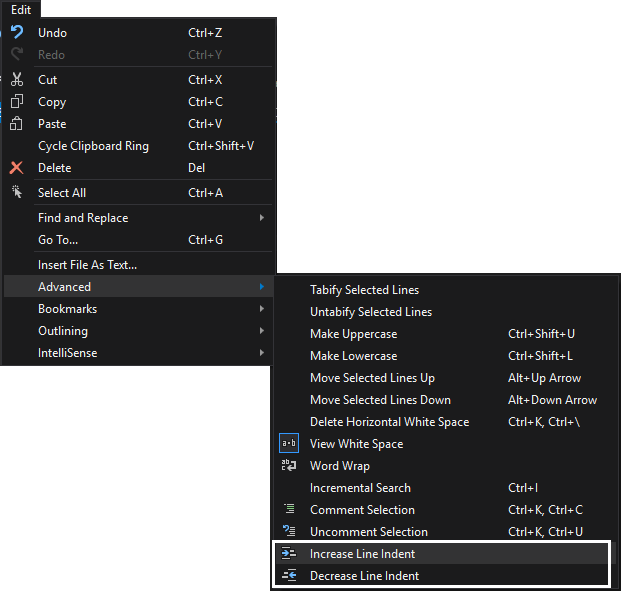 SSMS text editor options - indenting menu options