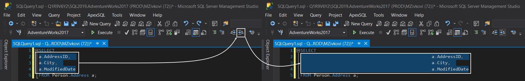 The Indent space option under the SQL Editor toolbar