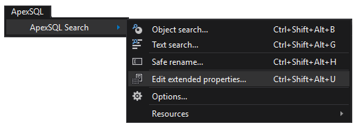 The main menu of ApexSQL Search add-in Visual Studio with the Edit extended properties option highlighted
