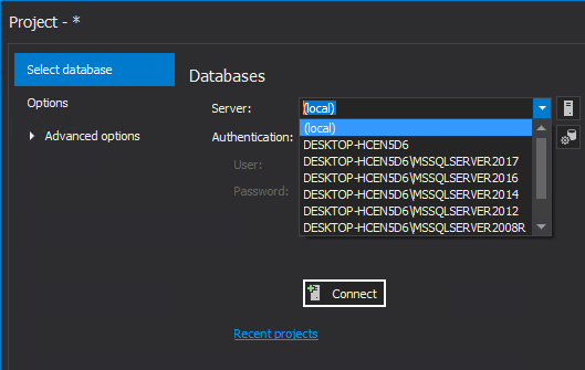 Connection to SQL Server in the New project window